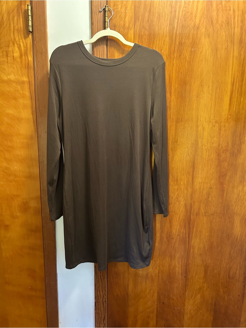 No Boundaries Brown Long Sleeve Midi Dress - Solid Crew Neck